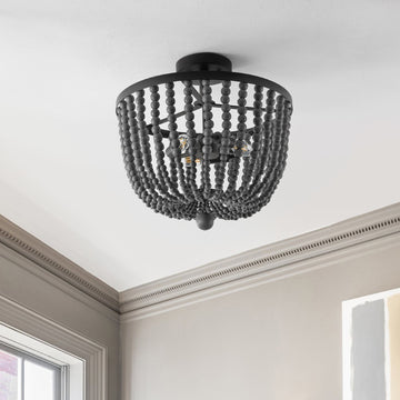 Drift Wood Bead 16" Bohemian Farmhouse Iron LED Semi Flush Mount - JONATHAN Y